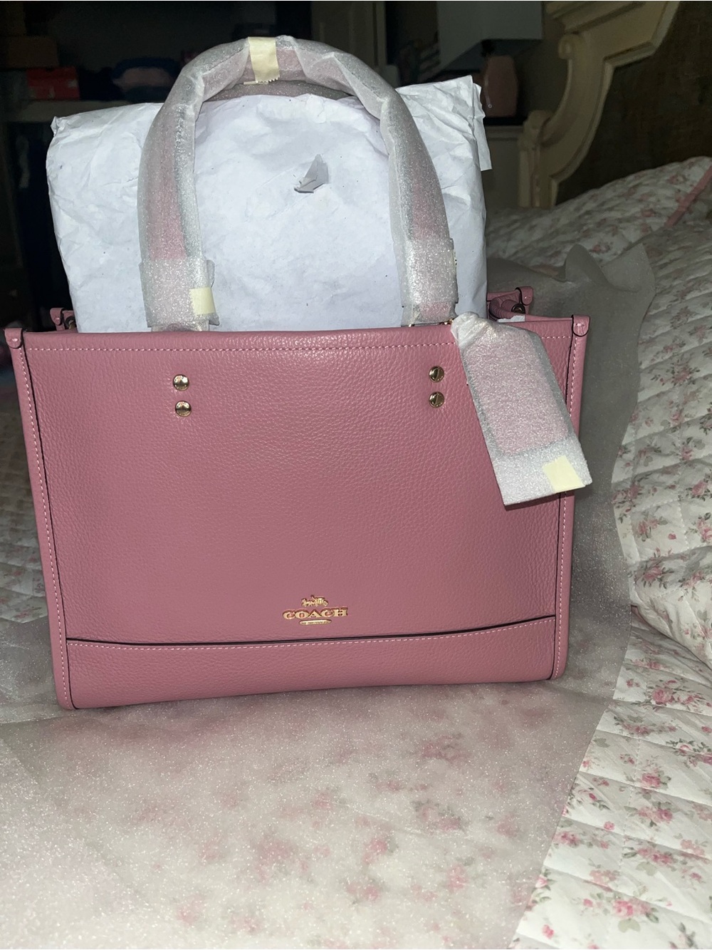 Coach Large Dempsey Pebble Leather Carryall Tote in True Pink